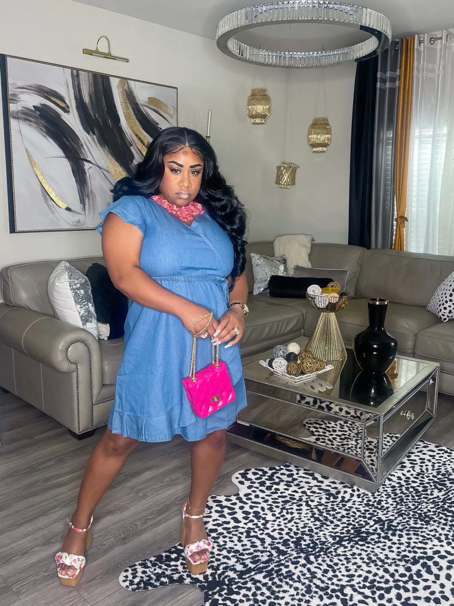 denim wrap dress midi Denim Flutter Sleeve Midi Dress